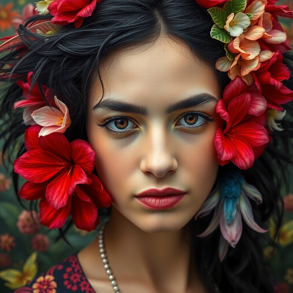 AI generated art for prompt: Craft an image embodying the passionate intensity of Kahlo's self-portraits, showcasing a close-up o