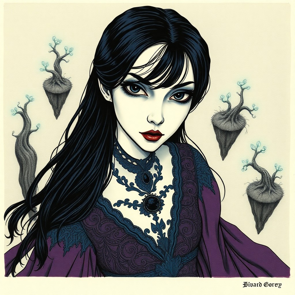 AI generated art for prompt: A captivating portrait of an enigmatic female character, rendered in the haunting pen-and-ink style 