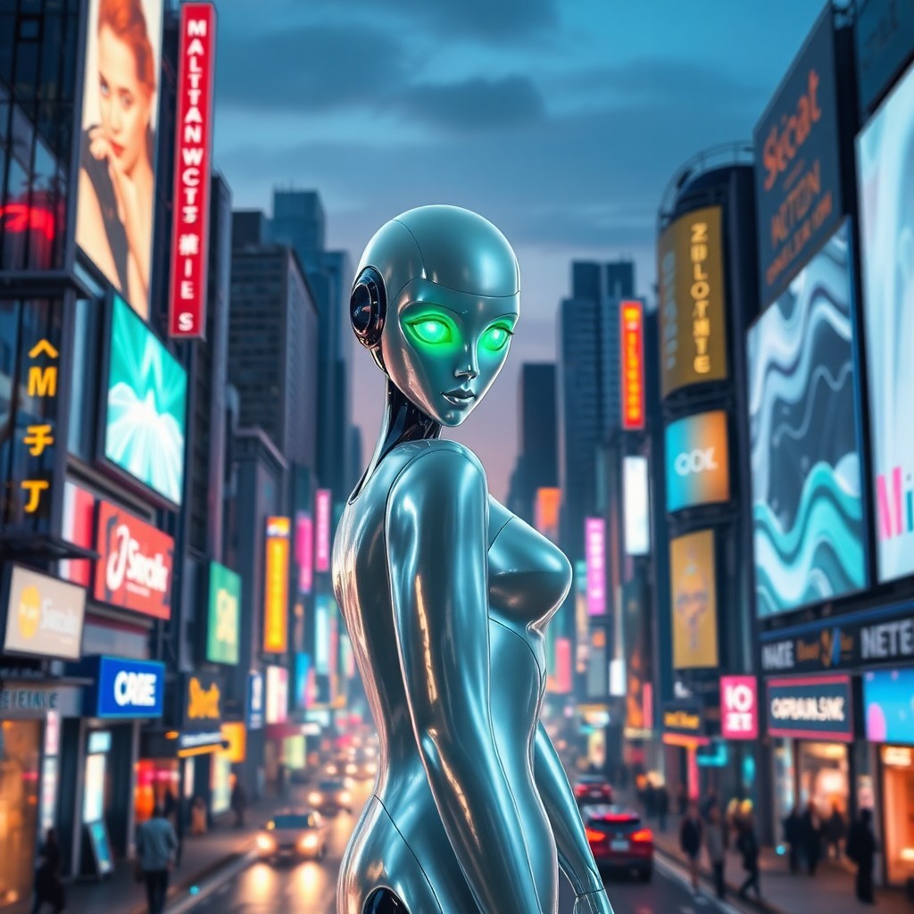 AI generated art for prompt: A futuristic cityscape at twilight, illuminated by soft neon lights and holographic billboards, come