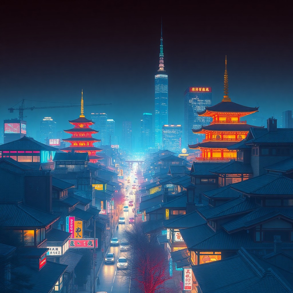 AI generated art for prompt: A digital artwork showcases a futuristic cityscape at night from an aerial perspective, blending tra