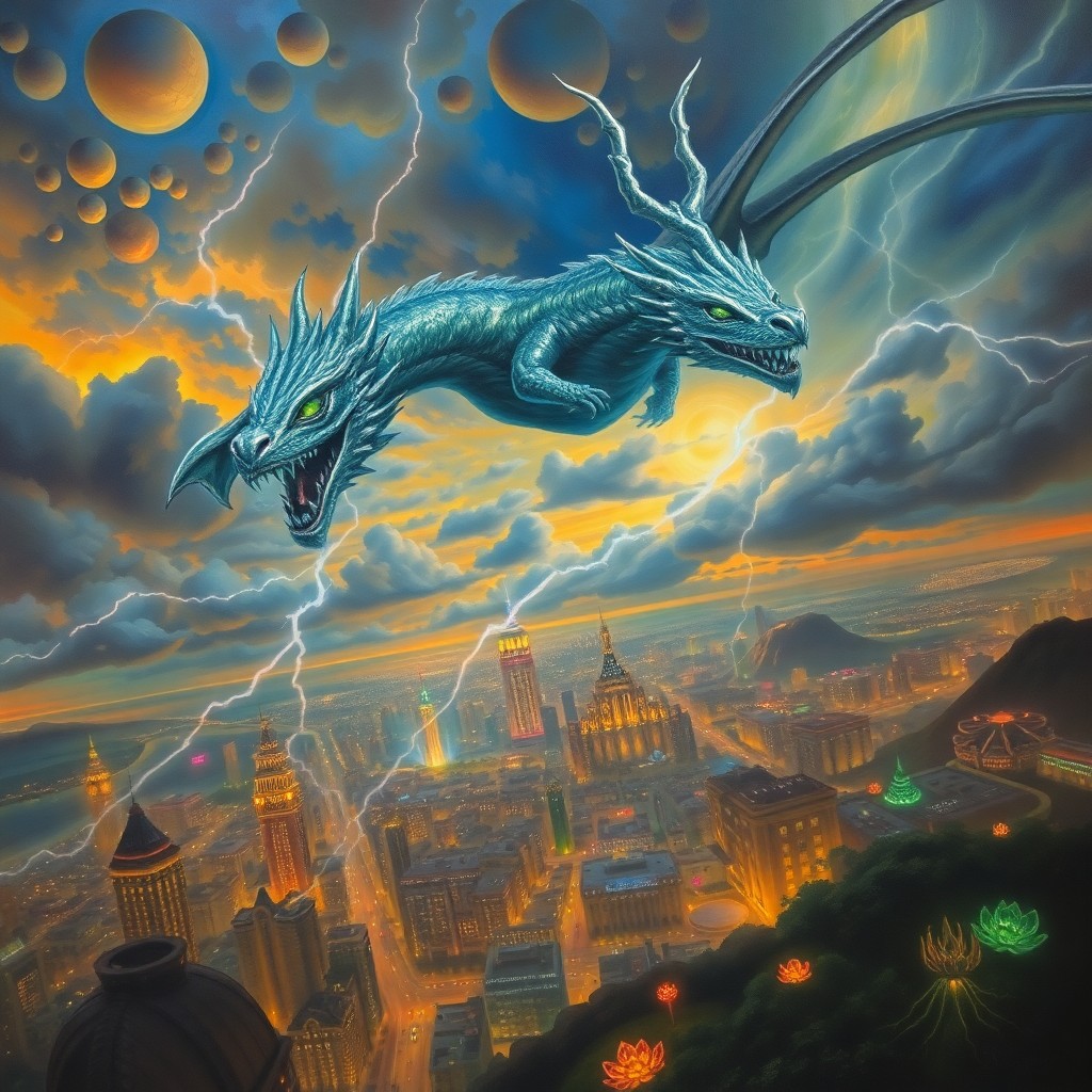 AI generated art for prompt: A captivating oil painting showcases an awe-inspiring mythical creature soaring through a tempestuou