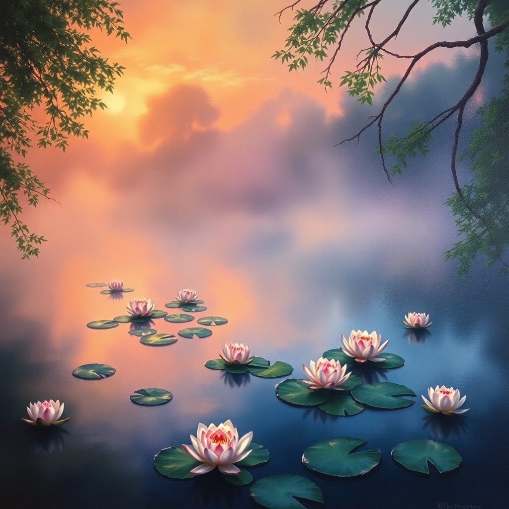 AI generated art for prompt: Envision an oil painting depicting a serene pond, reminiscent of Monet's captivating "Water Lilies" 