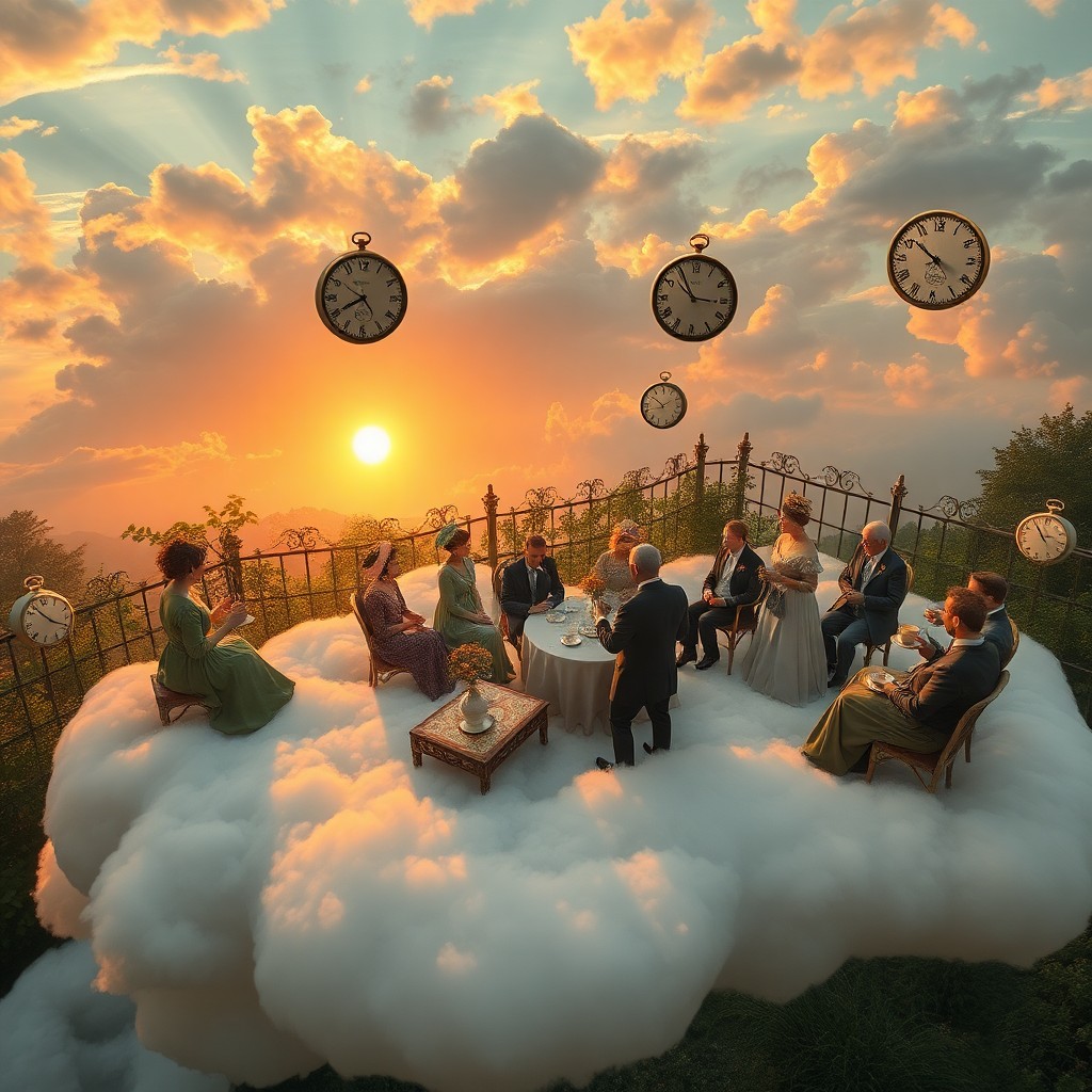 AI generated art for prompt: Craft an image reflecting surrealism with whimsical elements, depicting a garden party on a cloud-li