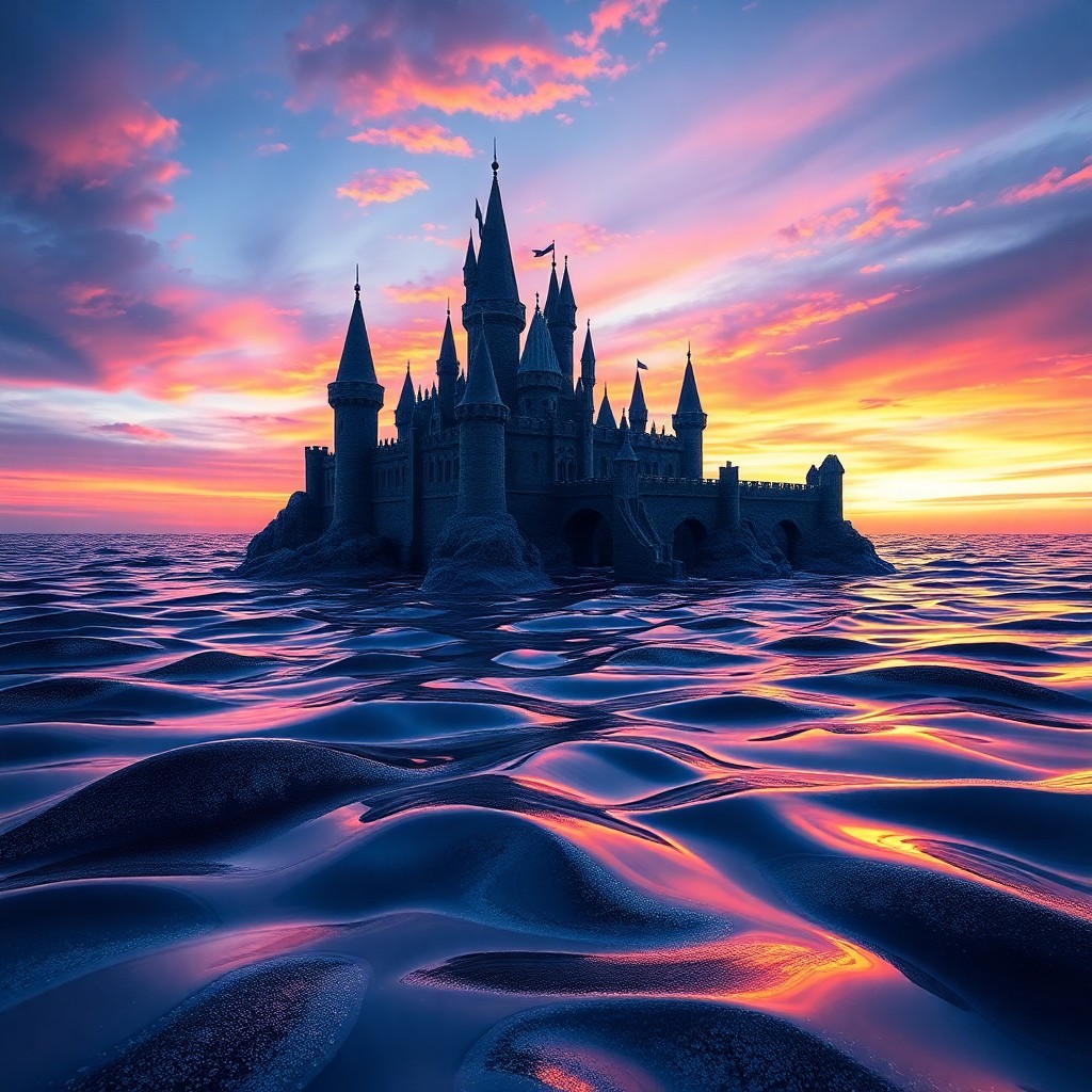 AI generated art for prompt: Imagine a whimsical castle built from gleaming obsidian spires emerging from an ocean of shimmering 