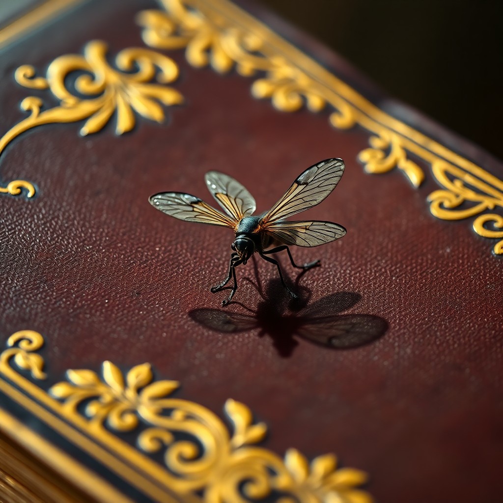 AI generated art for prompt: Craft an image depicting a minute insect exploring the surface of an antique leather tome in the Bar