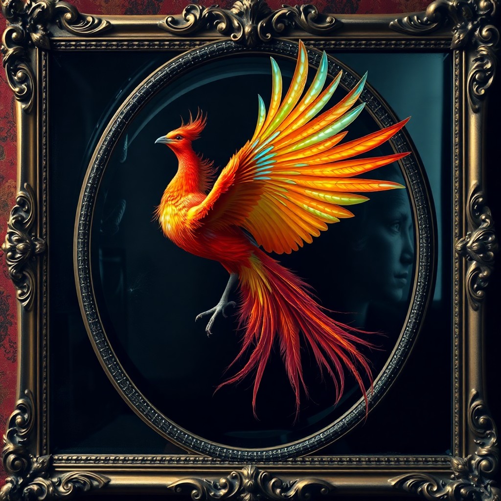 AI generated art for prompt: A majestic phoenix in mid-flight is depicted in this surrealistic portrait, its vibrant colors and i