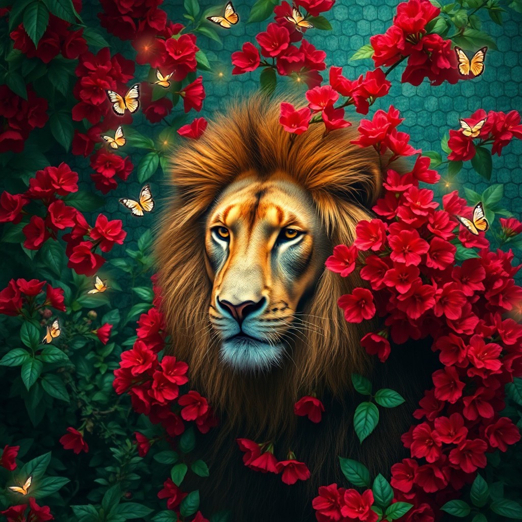 AI generated art for prompt: Envision an enchanting portrait in the vein of surrealist masterpieces, featuring a noble lion grace