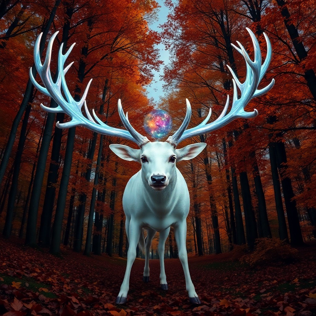 AI generated art for prompt: A majestic white stag stands in the center of a dense autumnal forest, its iridescent antlers reflec