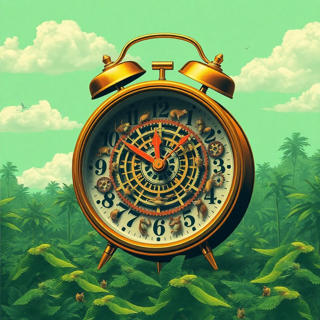 AI generated art for prompt: Craft an image embodying surrealism with a vintage alarm towering over a verdant jungle landscape. T