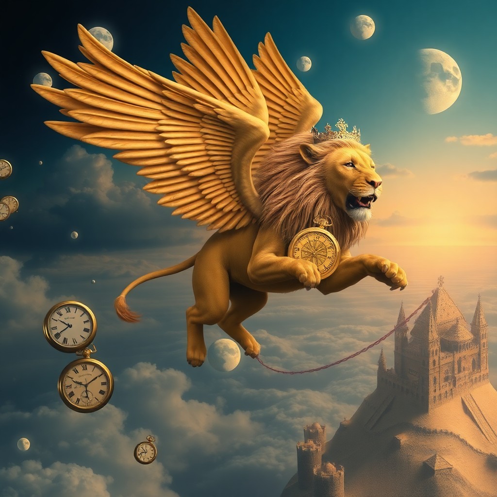 AI generated art for prompt: Craft an image in the surrealistic style, featuring a regal winged lion reminiscent of Icarus glidin