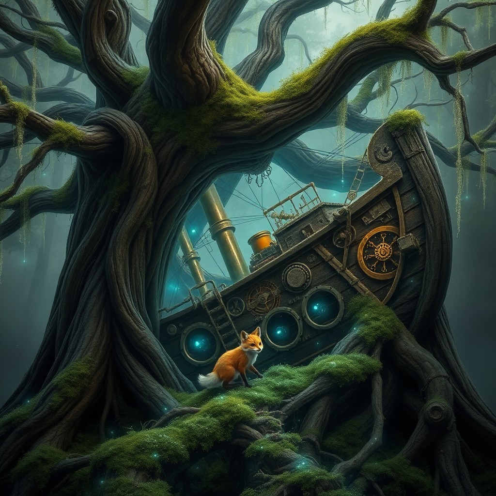 AI generated art for prompt: An enchanting steampunk-inspired scene unfolds as an ancient tree harbors the hollowed-out interior 