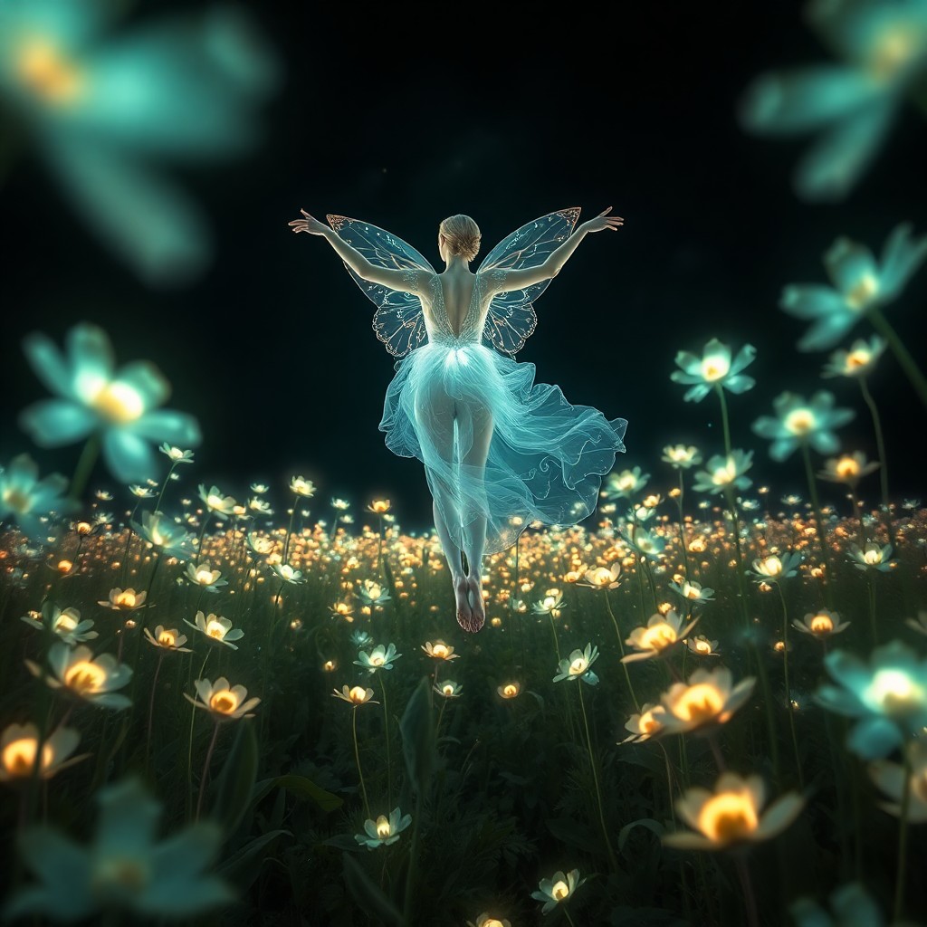 AI generated art for prompt: A captivating scene features an ethereal dancer with translucent skin and iridescent wings, elegantl