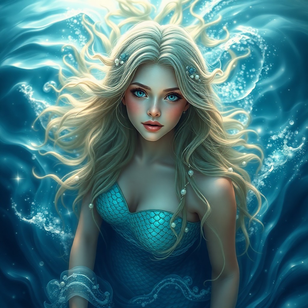 AI generated art for prompt: A captivating portrait of an otherworldly mermaid, reminiscent of Charles Vess' enchanting illustrat