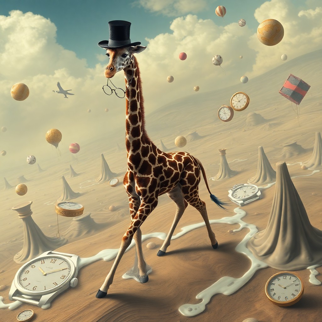 AI generated art for prompt: In the surrealistic style characterized by Dali, we envision a majestic giraffe adorned with a top h