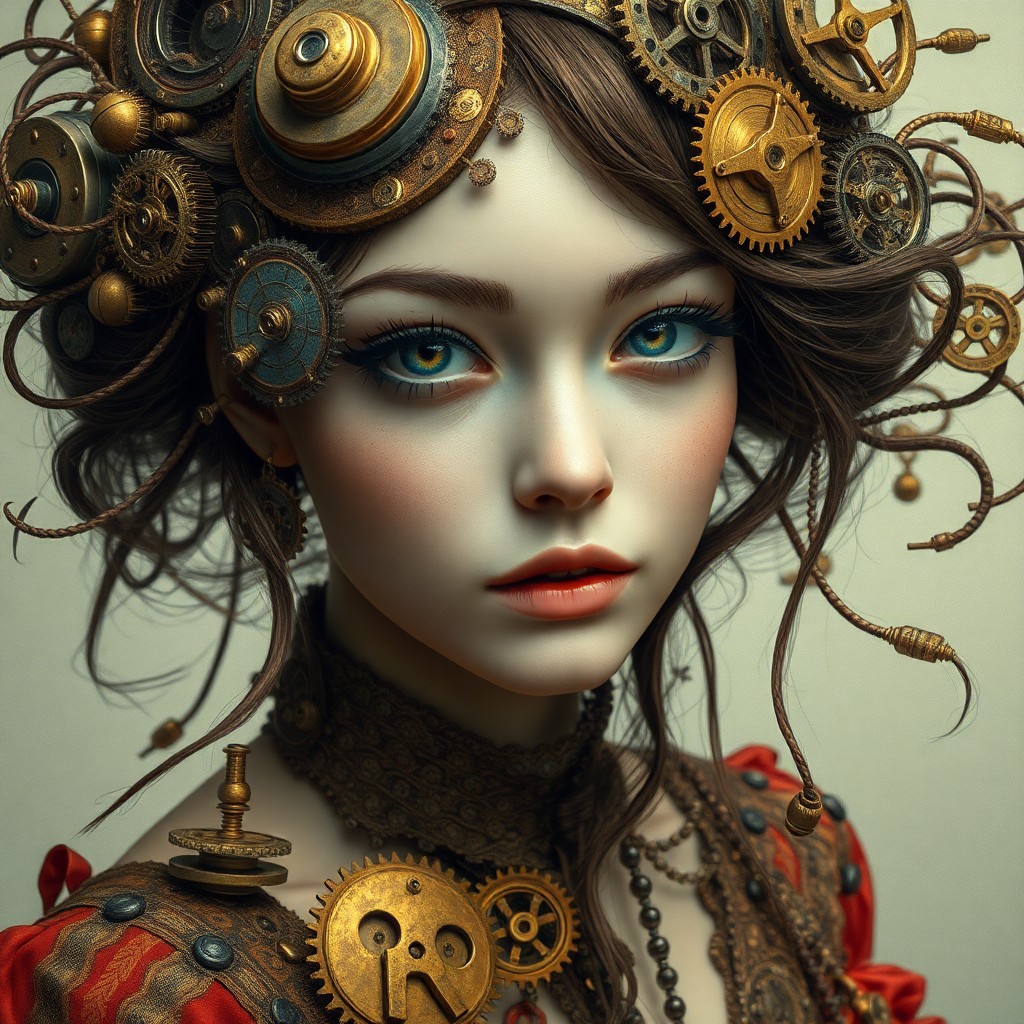 AI generated art for prompt: Envision an intricately detailed portrait in the style of surrealist dreamscapes, with steampunk ele