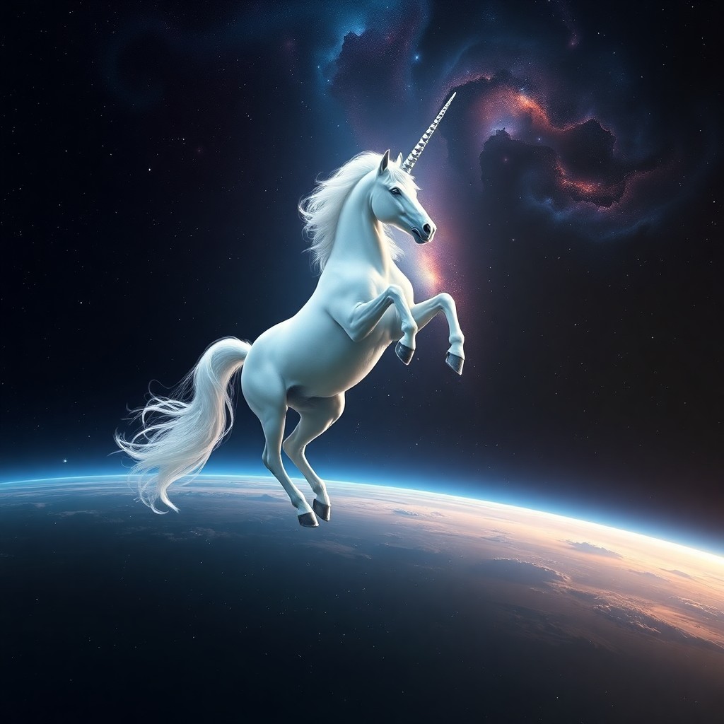 AI generated art for prompt: A surreal digital artwork showcases a majestic unicorn floating elegantly in midair above an expansi