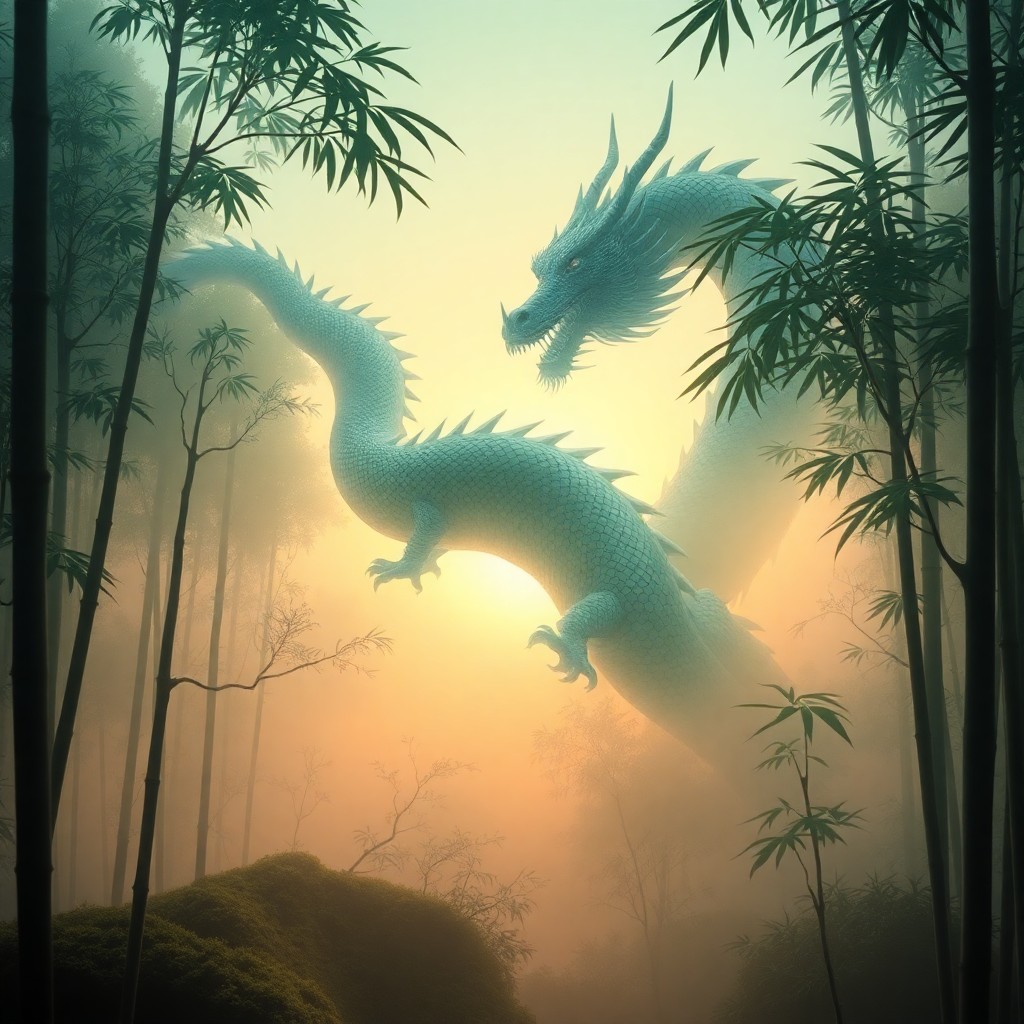 AI generated art for prompt: Envision a tranquil, fog-laden dawn in a verdant bamboo forest, reminiscent of the enchanting ukiyo-