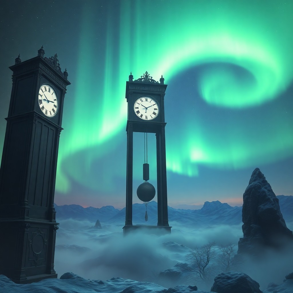 AI generated art for prompt: A surreal digital dreamscape unfolds with an immense grandfather clock looming in the foreground, it