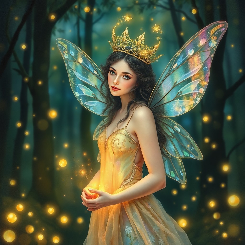 AI generated art for prompt: An exquisite portrait of a celestial fairy queen, bathed in the gentle luminescence of fireflies wit