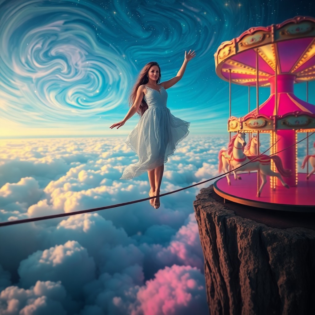 AI generated art for prompt: An image depicting a surreal dreamscape featuring a graceful woman balancing precariously on a thin 