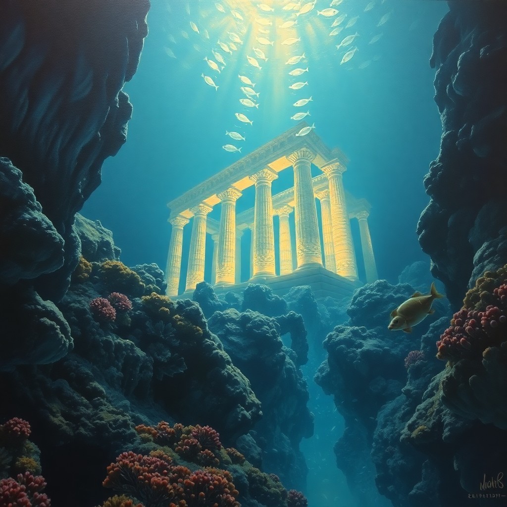 AI generated art for prompt: A surreal underwater oil painting captures an eerie, dimly lit coral reef scene with a mysterious an