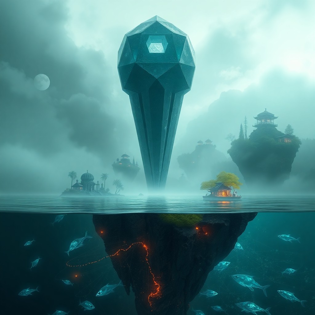 AI generated art for prompt: A surreal digital artwork depicting an enigmatic landscape with a colossal geometric crystal emergin