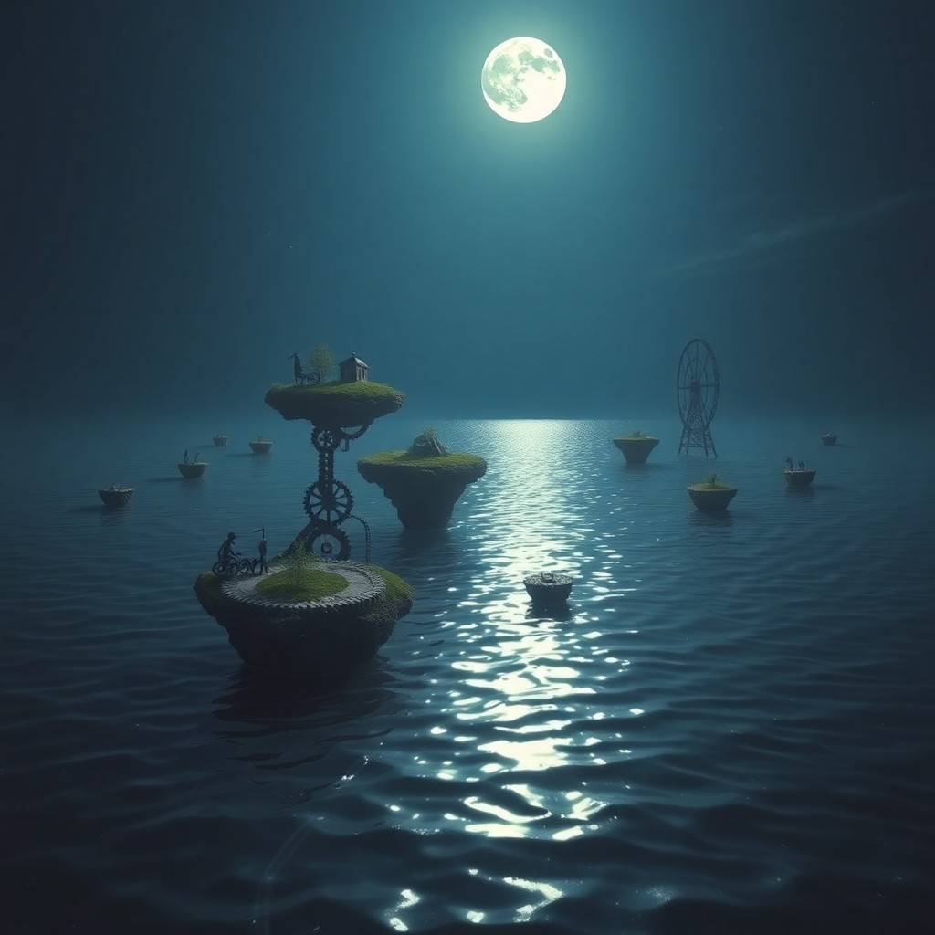 AI generated art for prompt: A surreal landscape depicting a tranquil moonlit lake reflecting an enchanting scene of floating isl