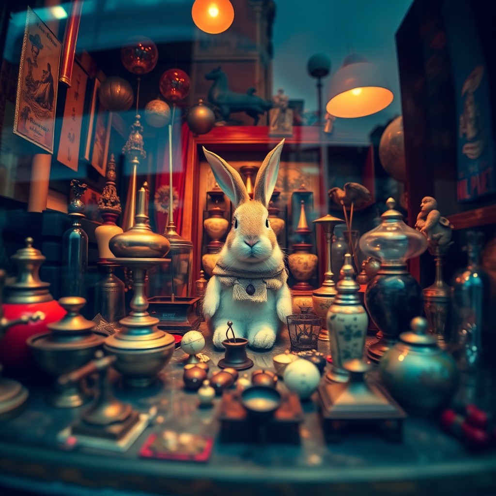 AI generated art for prompt: An enchanting, surreal still-life scene unfolds where an oversized rabbit sits introspectively among