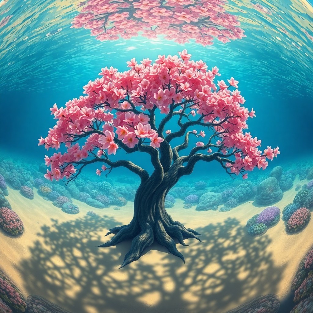 AI generated art for prompt: An intricate digital illustration depicts an awe-inspiring underwater scene where a stately tree, ro