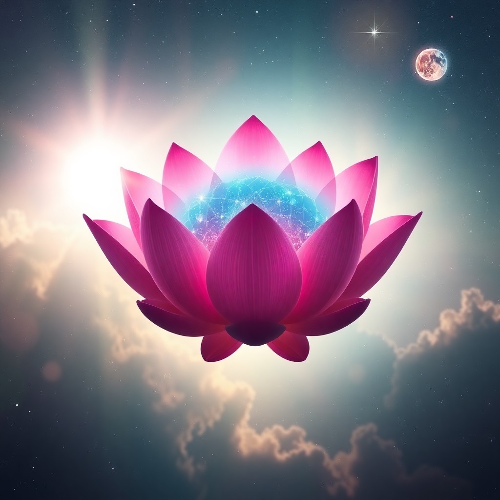 AI generated art for prompt: A captivating digital artwork showcases an enchanting lotus flower gracefully floating amidst a vast