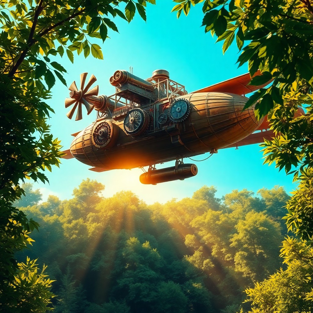 AI generated art for prompt: A vivid digital artwork showcases an airship with intricate gears and propellers flying above a verd