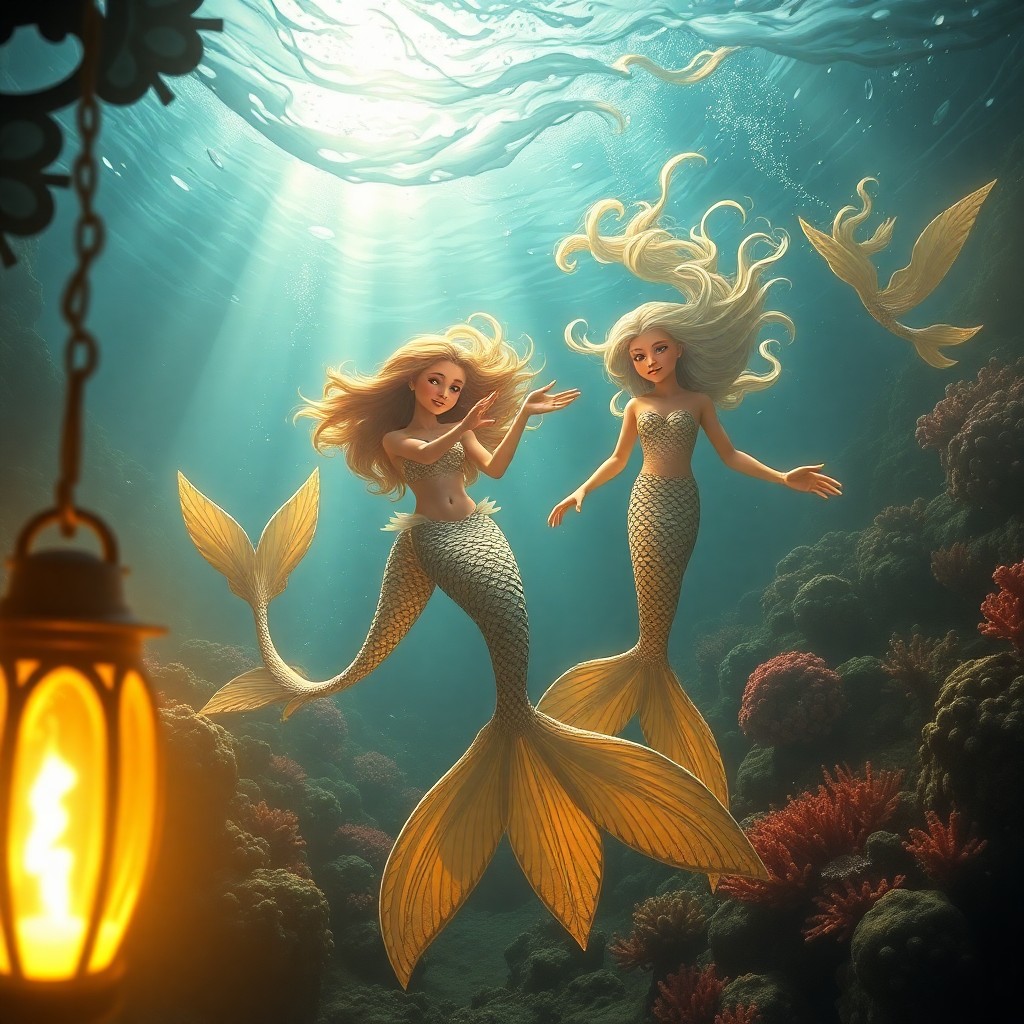 AI generated art for prompt: A mesmerizing digital artwork captures an enchanting underwater scene where majestic mermaids gracef