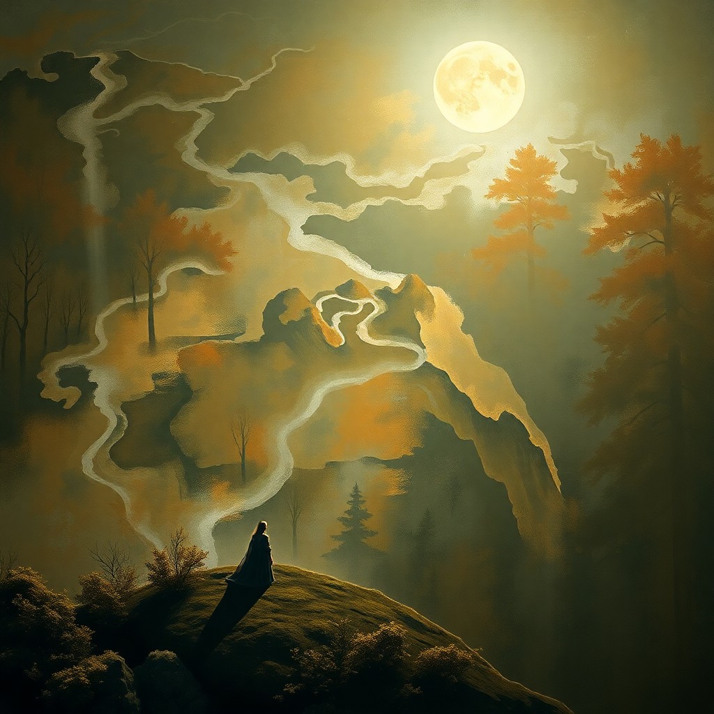 AI generated art for prompt: A serene forest bathed in moonlight gracefully merges into an expansive abstract canvas, unfolding f