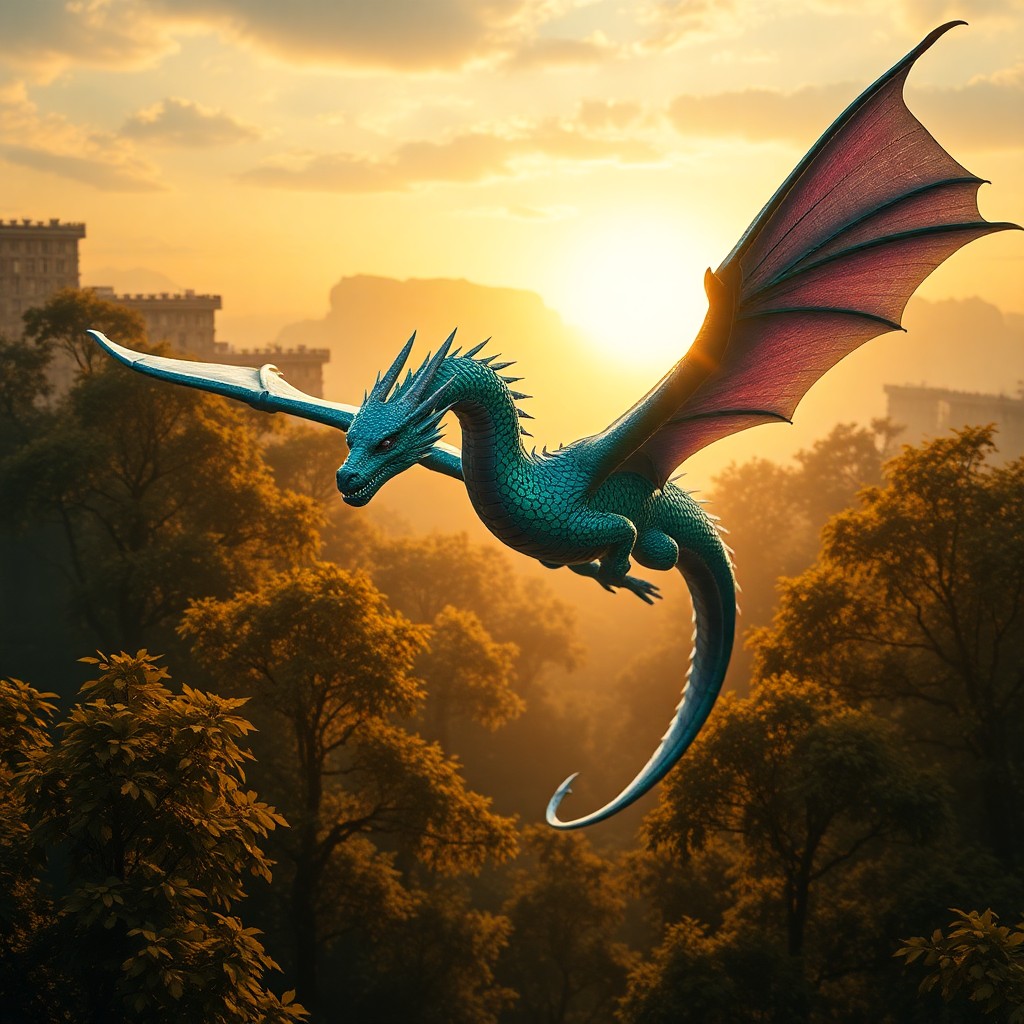 AI generated art for prompt: A mesmerizing digital art scene captures a regal dragon gliding effortlessly through an enchanted fo