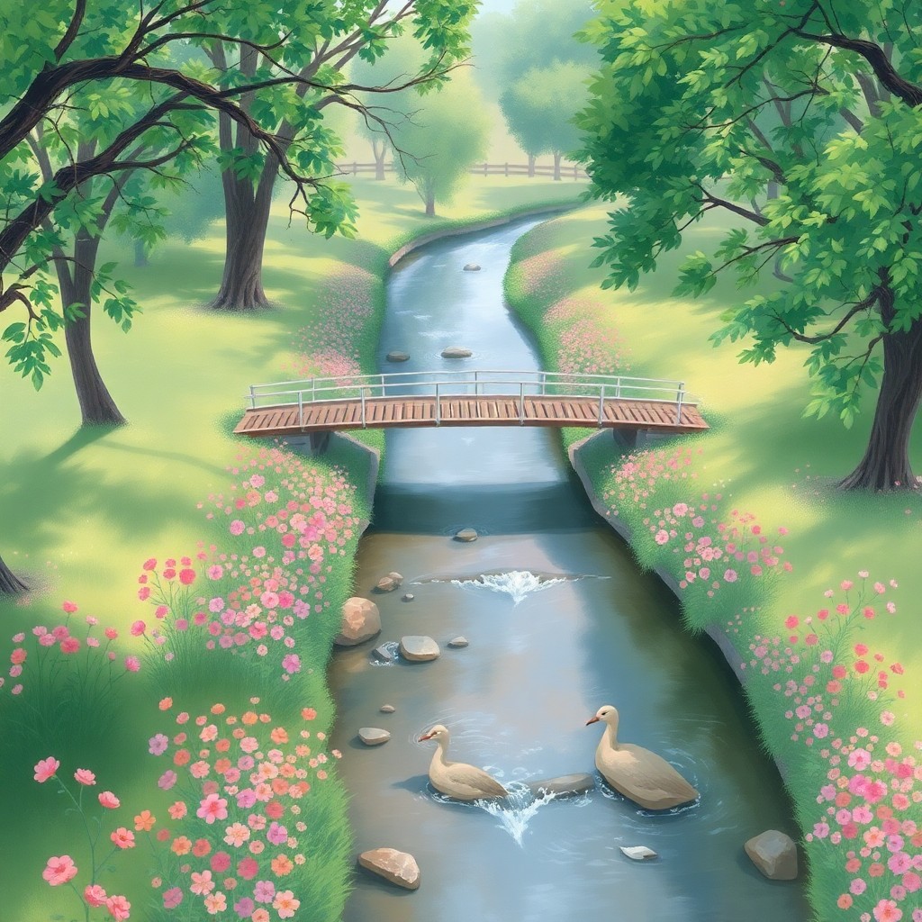 AI generated art for prompt: An idyllic park scene depicted from an aerial perspective, with a tranquil stream flowing beneath a 