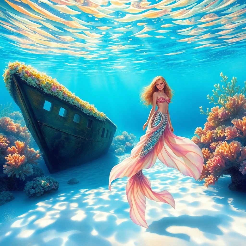AI generated art for prompt: A serene underwater scene inspired by impressionistic techniques, featuring a gentle mermaid draped 