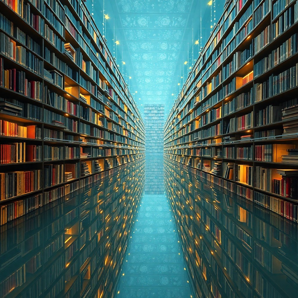 AI generated art for prompt: A surreal digital artwork captures an expansive library stretching endlessly into infinity from an i