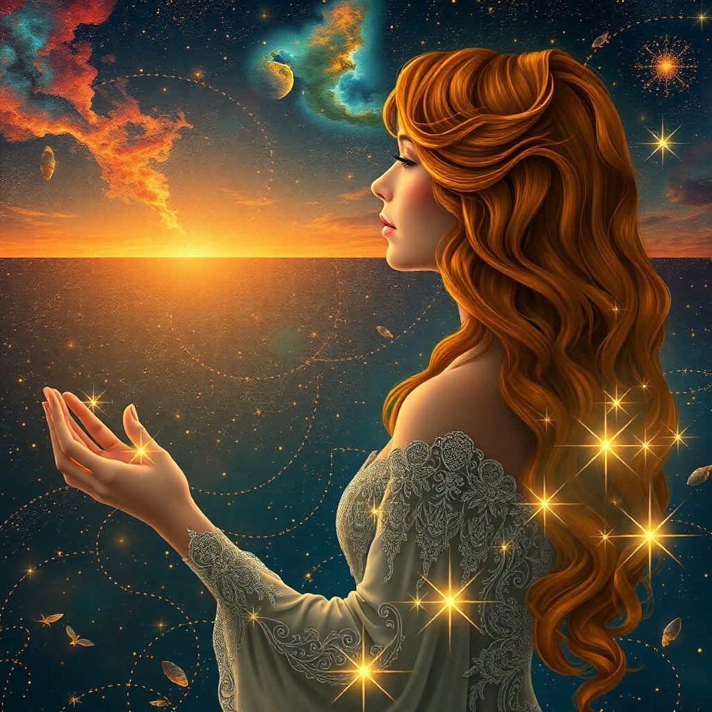 AI generated art for prompt: In an enchanting style reminiscent of Alphonse Mucha's intricate designs, depict a celestial muse wi