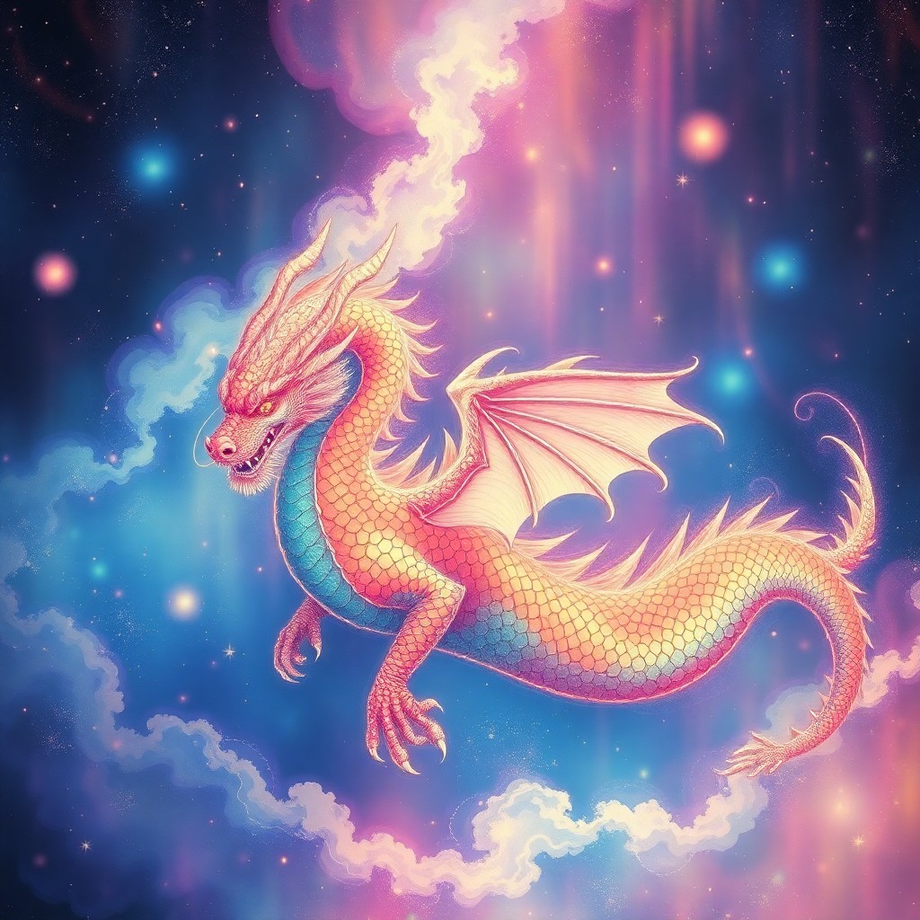 AI generated art for prompt: A mesmerizingly intricate digital painting illustrates a celestial dragon with iridescent scales gli