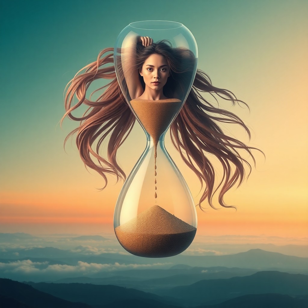 AI generated art for prompt: A surreal digital artwork combines hyper-realistic CGI with dreamlike elements, showcasing an hourgl