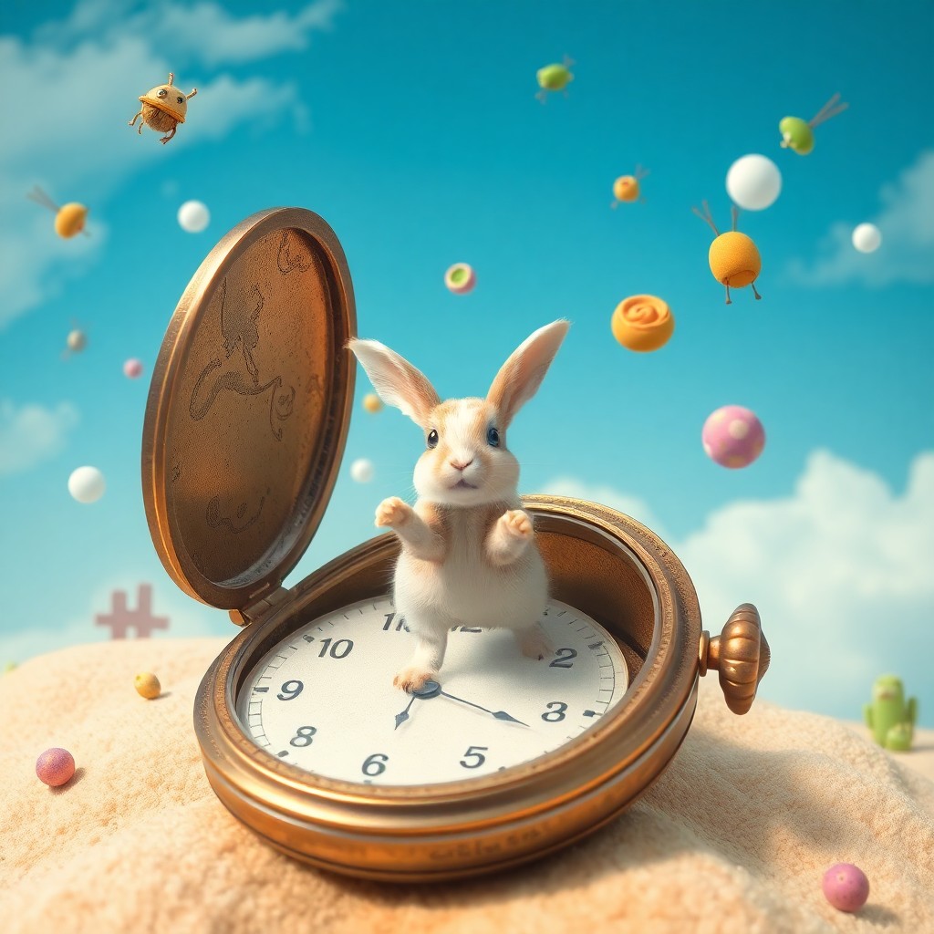 AI generated art for prompt: A whimsical digital artwork captures the surreal moment of a playful bunny emerging from a pocket wa