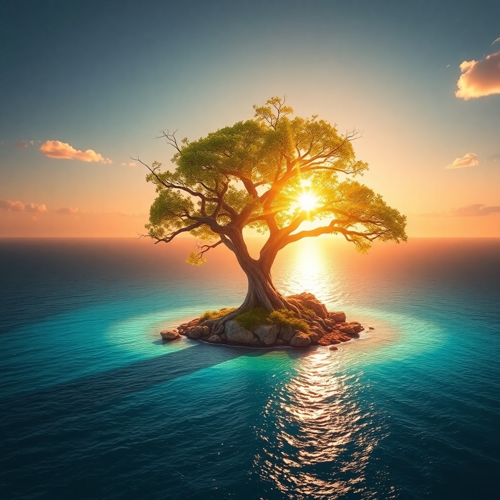 AI generated art for prompt: Imagine an enchanting seascape where a majestic, ancient tree stands alone on a secluded island surr