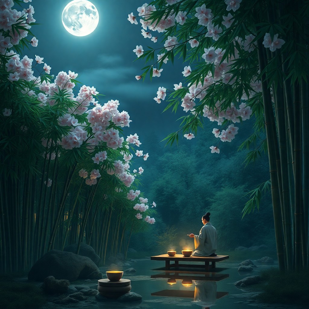 AI generated art for prompt: In a moonlit grove where bamboo whispers secrets to the night sky, envision a serene tea ceremony un