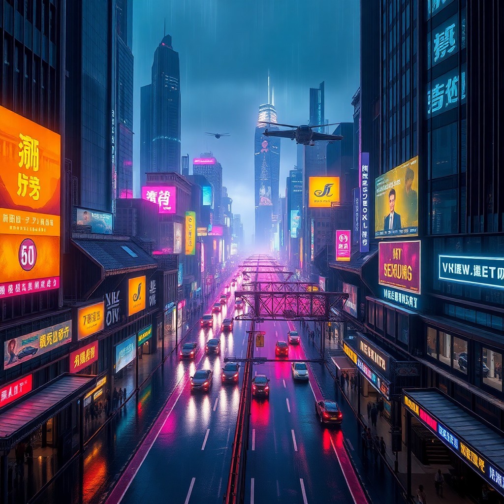 AI generated art for prompt: A futuristic urban panorama materializes with neon lights shimmering on rain-drenched avenues, obser