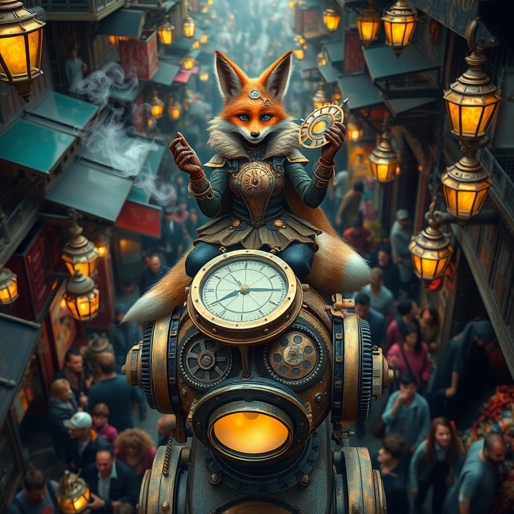 AI generated art for prompt: Envision a whimsical steampunk world where an enchanting fox-woman, embellished with ornate brass ge