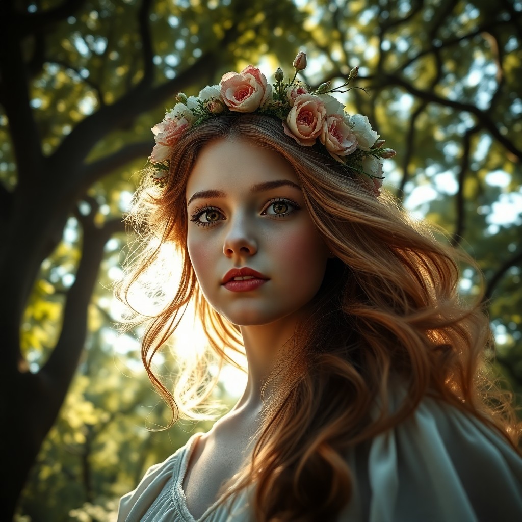 AI generated art for prompt: An alluring portrait from a low vantage point captures a young woman with porcelain skin and lustrou