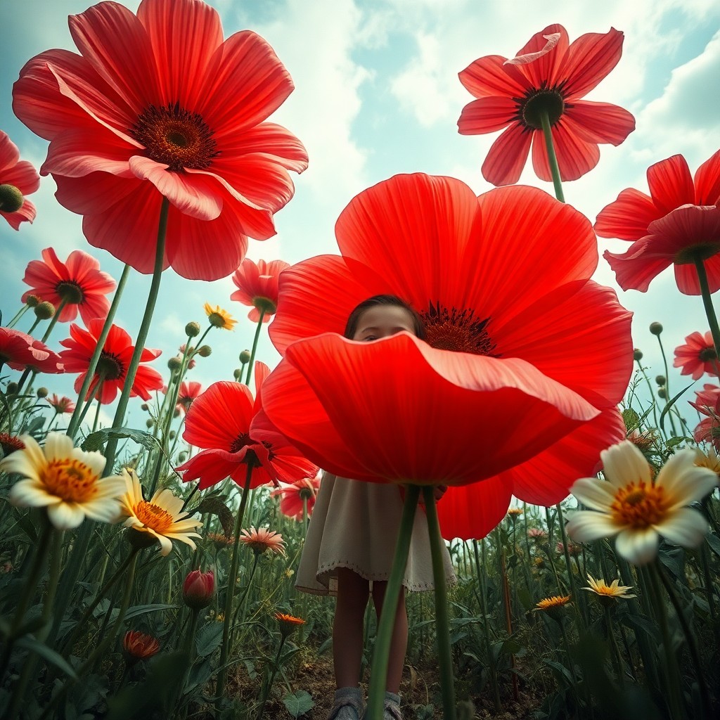 AI generated art for prompt: Imagine a whimsical landscape where a young girl stands amidst oversized flowers in an enchanted gar