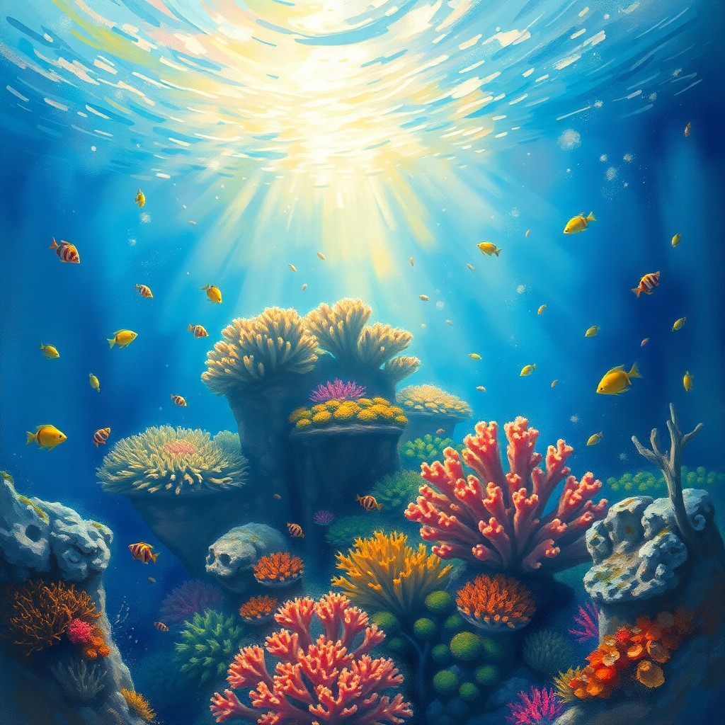 AI generated art for prompt: Create an enchanting underwater scene in the impressionistic style, showcasing vibrant marine life s