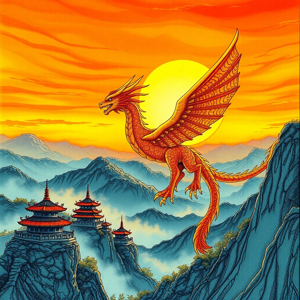 AI generated art for prompt: A majestic mythical creature soars through the vivid sunset sky in a style characterized by intricat