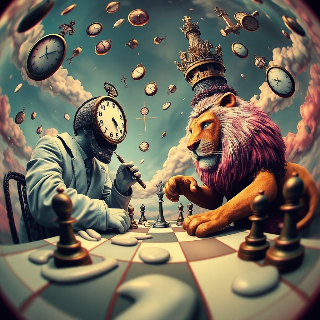 AI generated art for prompt: Craft an image imbued with surrealism, depicting a fantastical chess match between a colossal human 